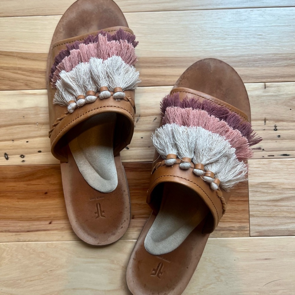 Frye Fringe Leather Slide Sandals - Brown and Purple - Picture 2 of 3